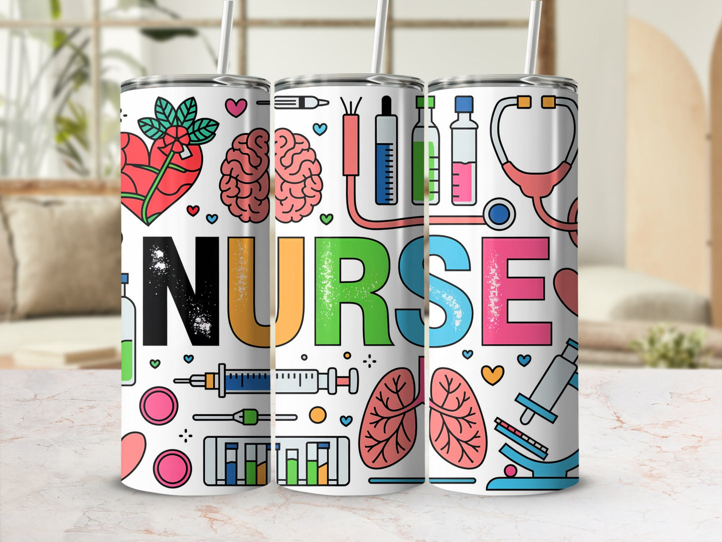 Tumbler with medical icons and "Nurses" text.