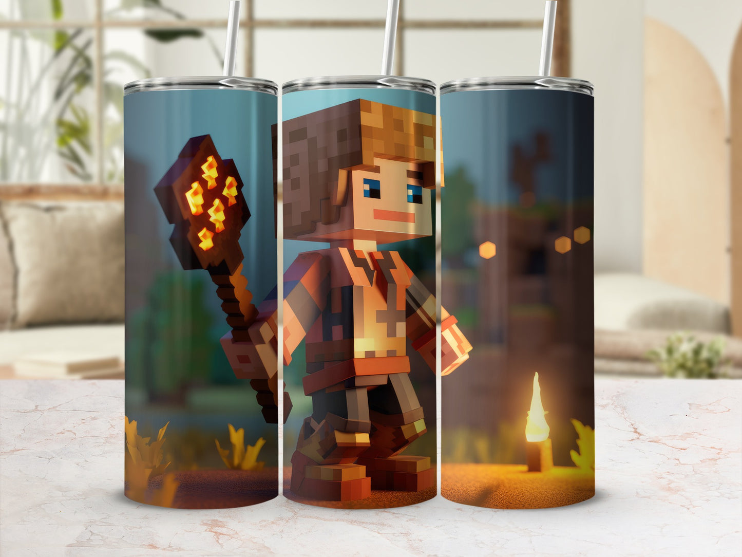 Pixelated Character with Torch Travel Mug