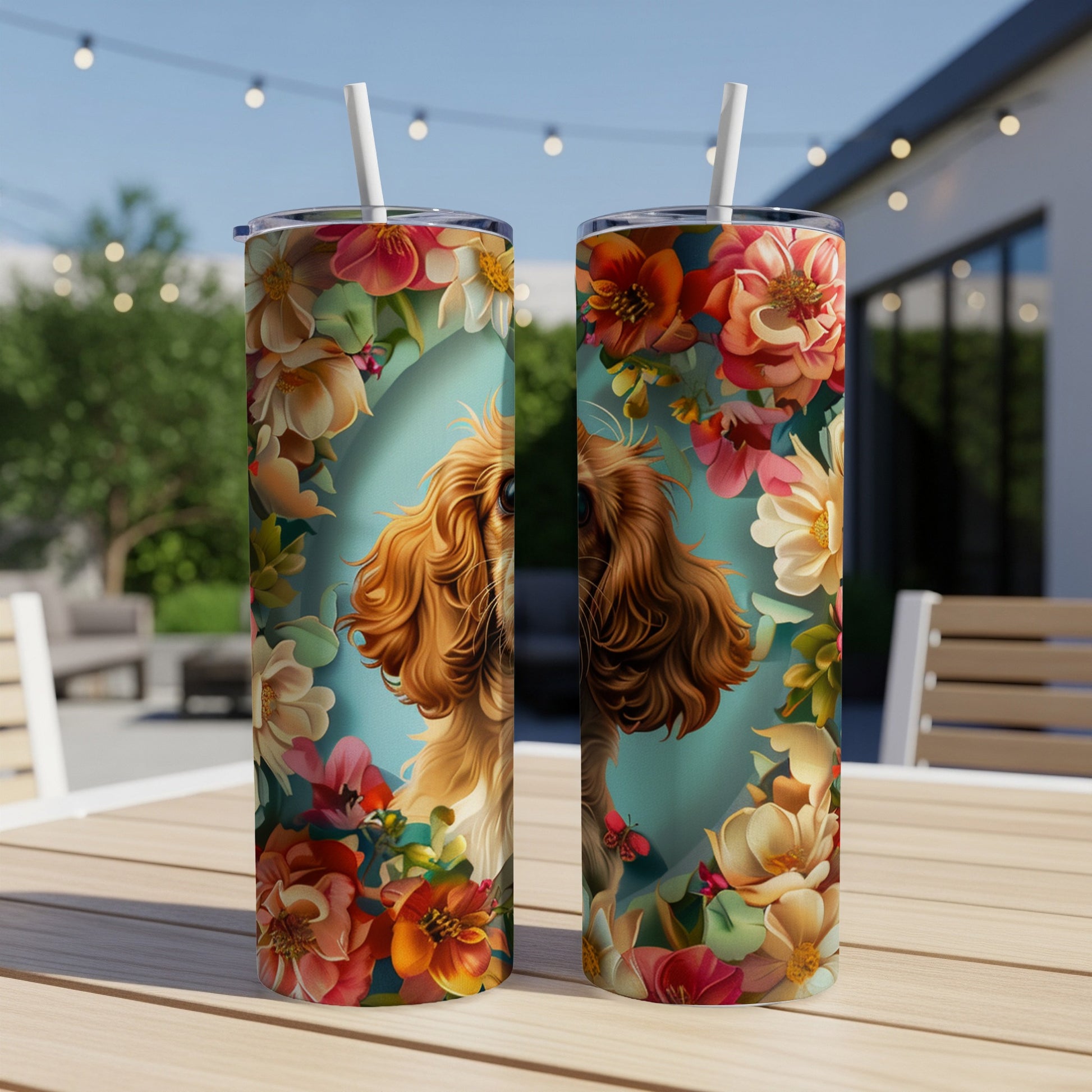 Brown dog with flowers in an oval frame on two tumblers.