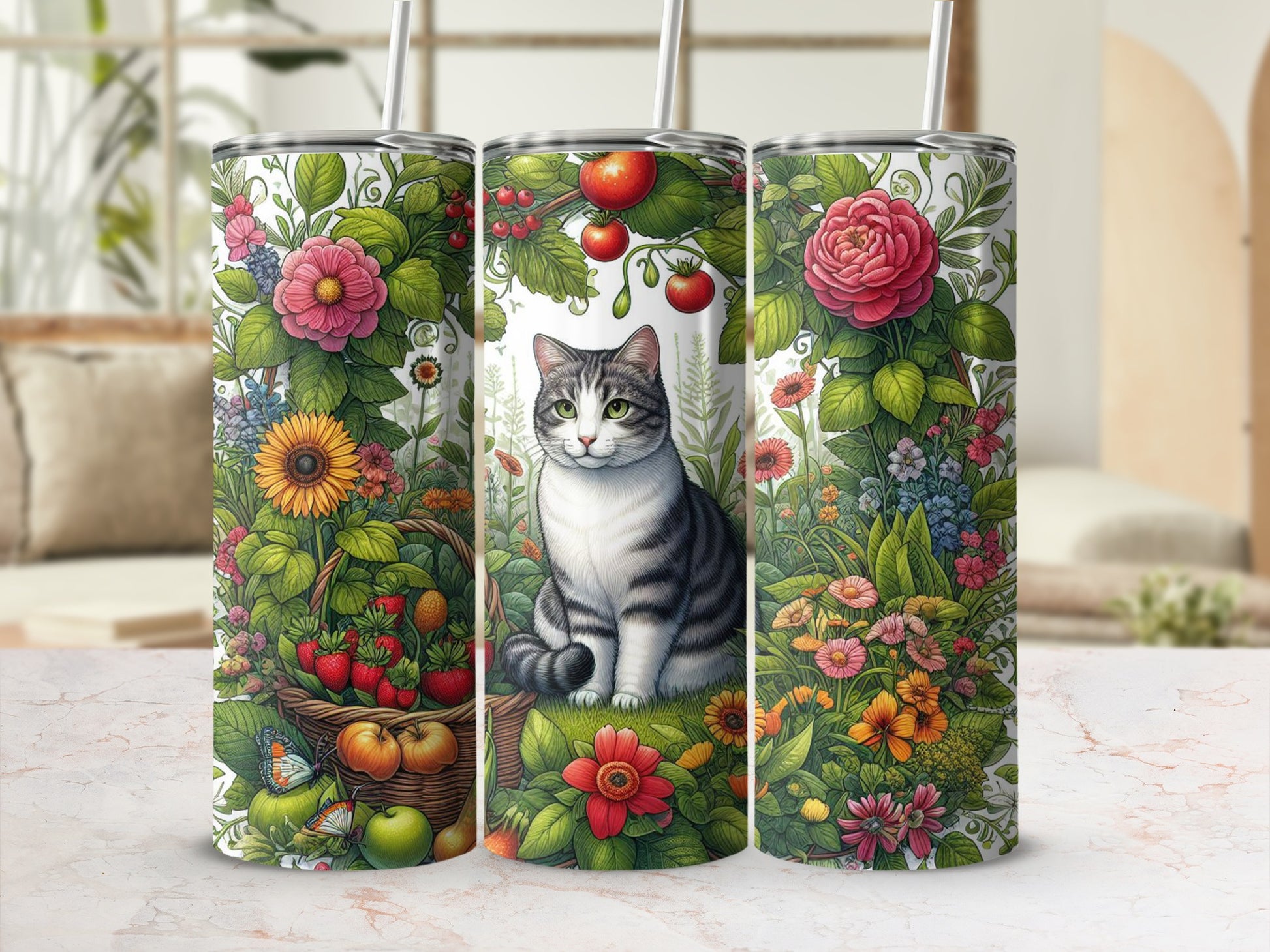 Tabby cat with floral border, strawberries, and apples on a tumbler.