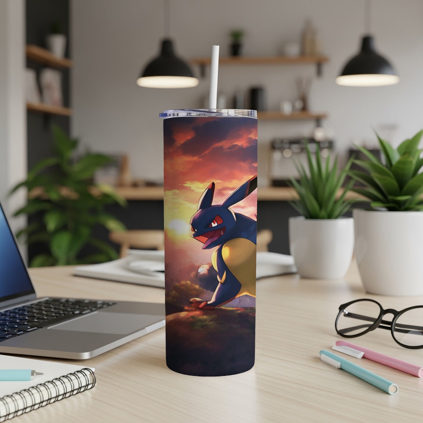 Sceptile Pokémon on a tumbler with a sunset background.