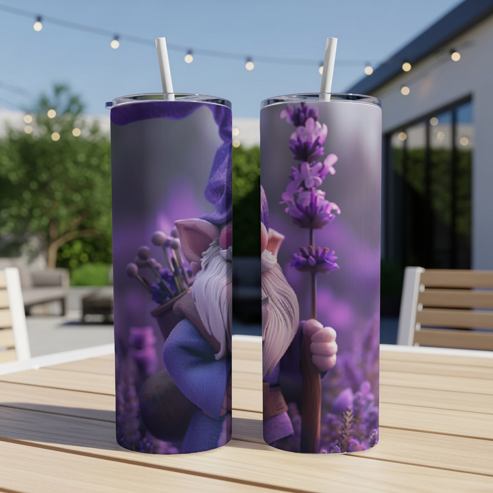 Two tumblers with gnome and lavender design.