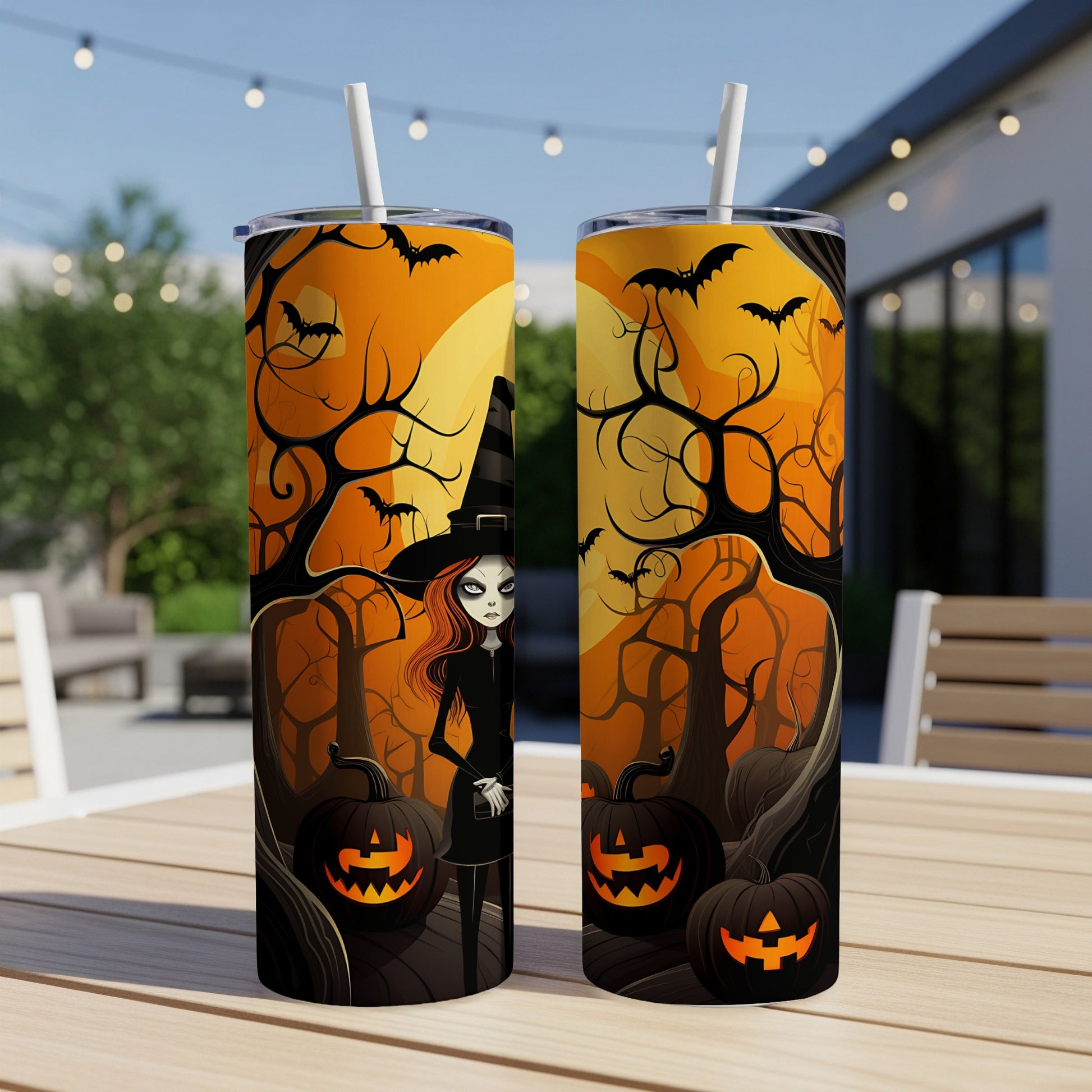 Halloween tumbler with witch, bats, and jack-o'-lanterns on orange background.