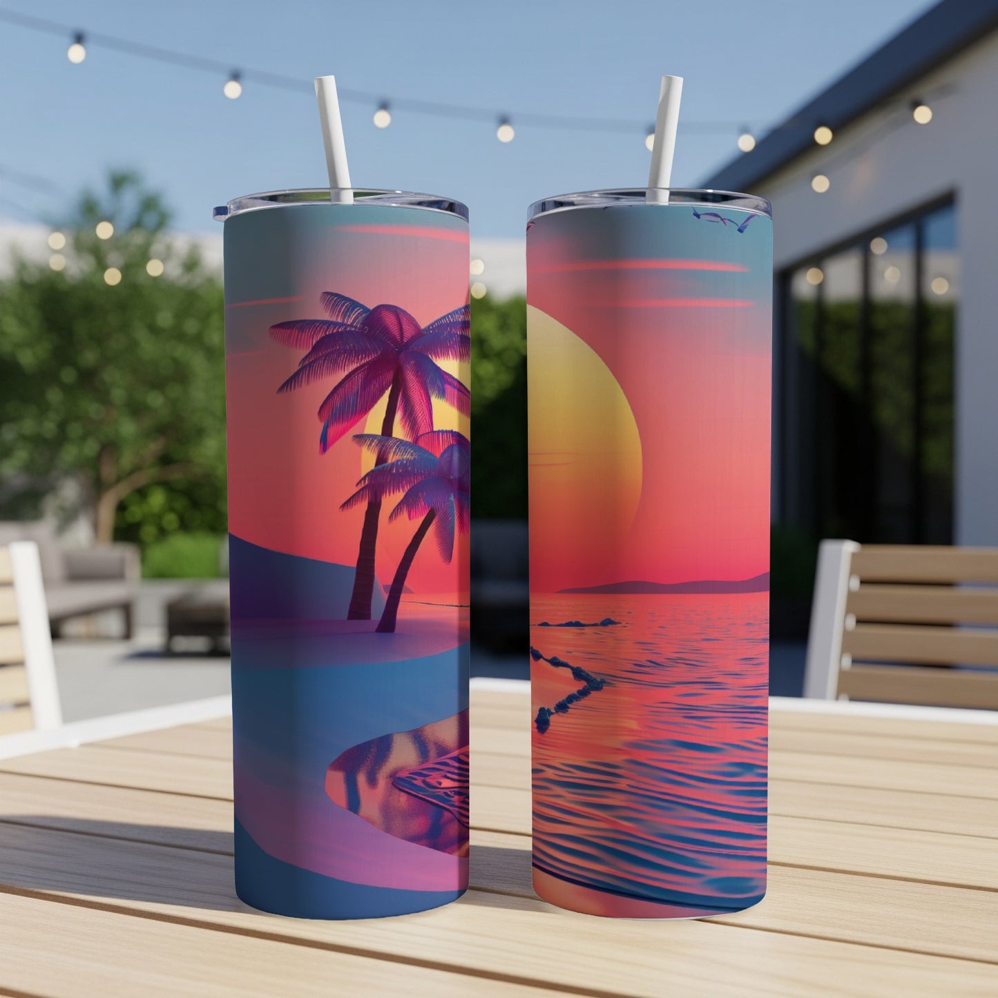 Two tumblers with a sunset beach scene and palm trees.