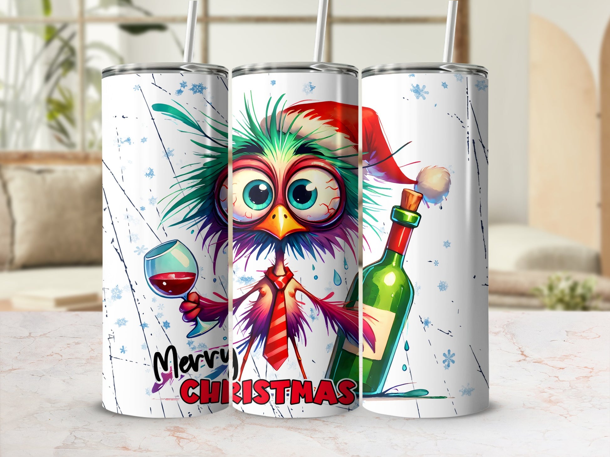 Funny cartoon chicken in Santa hat holding wine, with Merry Christmas text.