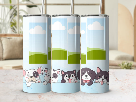 Three tumblers with cartoon dogs, rolling green hills, and blue sky background.