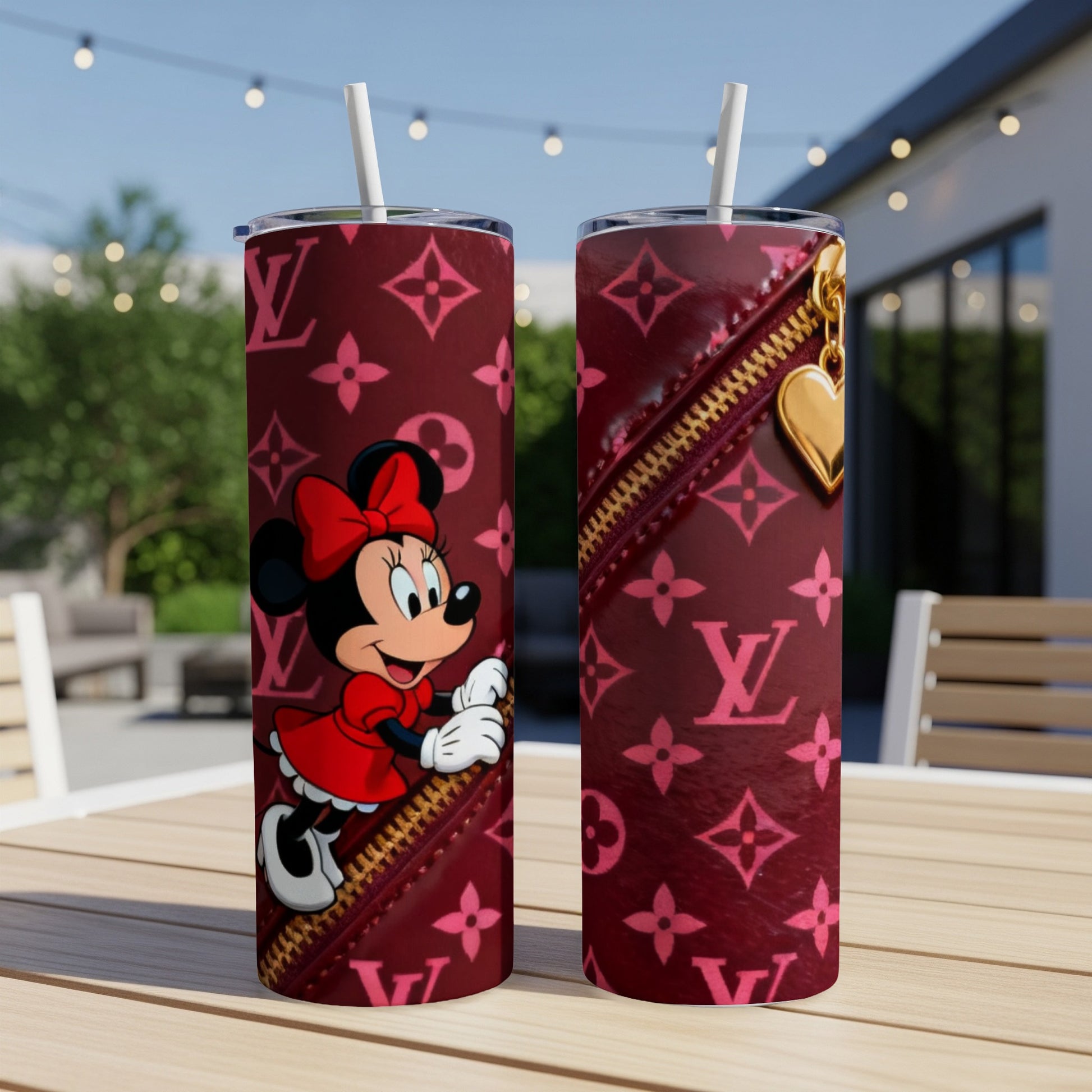 Minnie Mouse on burgundy LV pattern tumbler with gold zipper and heart charm.