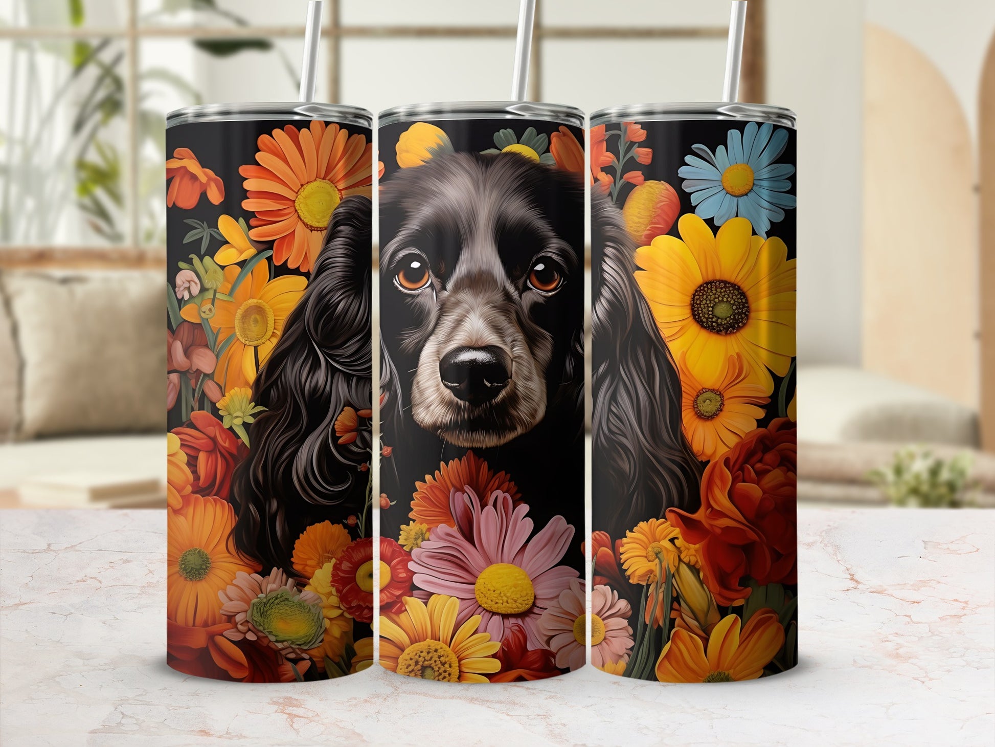 Black dog surrounded by vibrant colorful flowers on a tumbler.