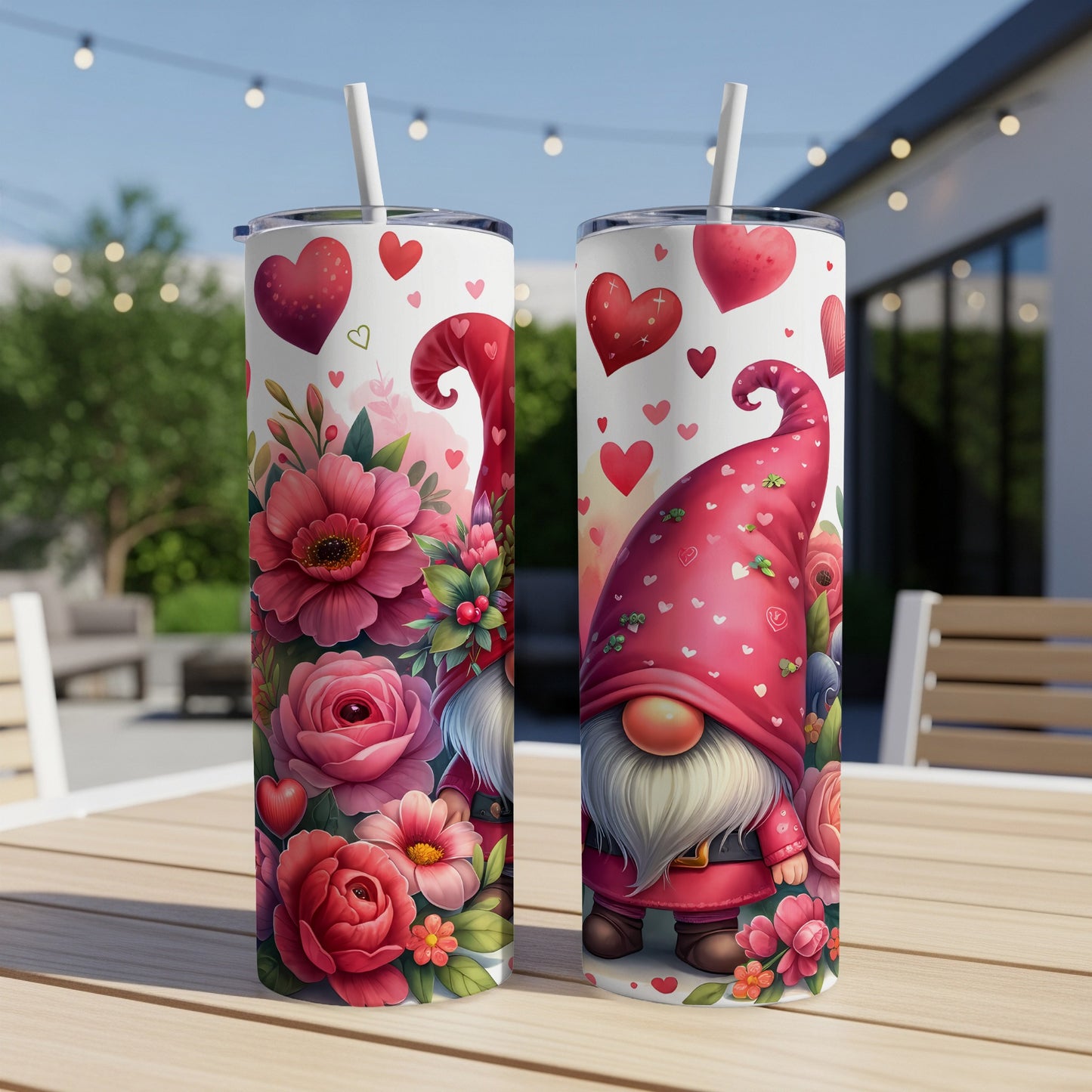 Valentine's Day gnome with hearts and flowers on a tumbler.
