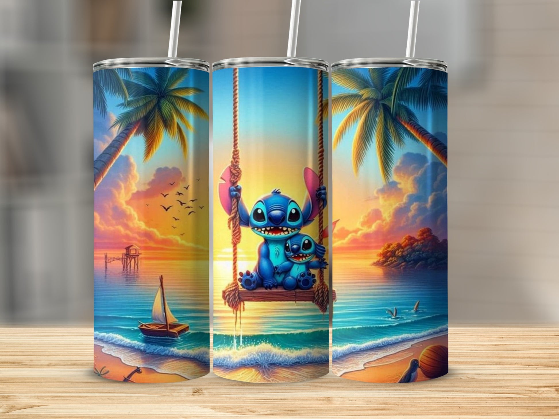 Tropical Beach Sunset and Cartoon Character Tumbler