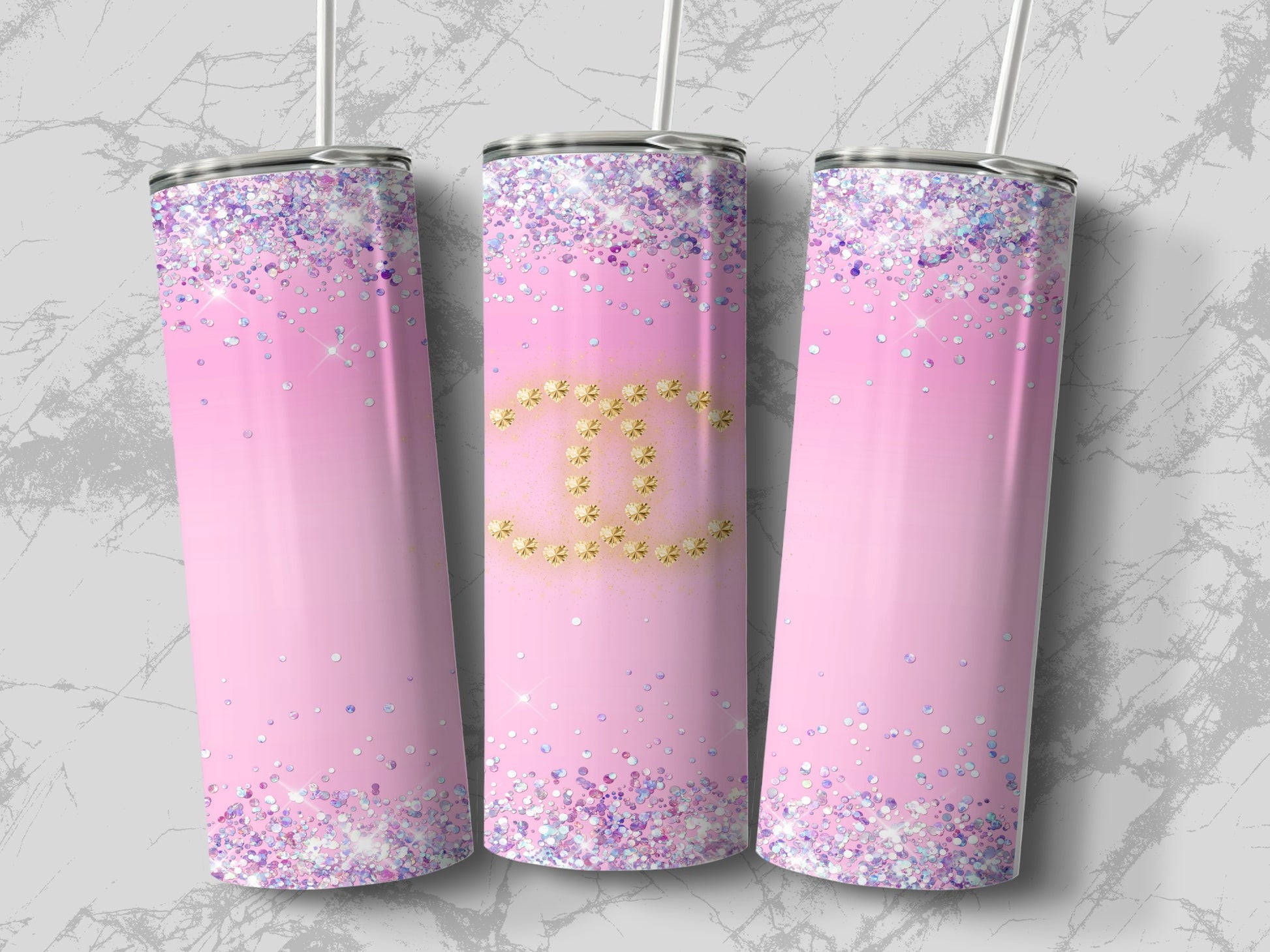 Pink Glitter Ombre Tumbler with Golden Stars Design