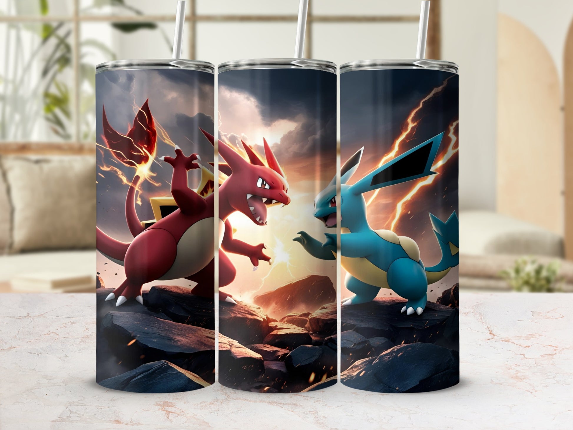Charizard and Blastoise battling in a rocky, fiery landscape.