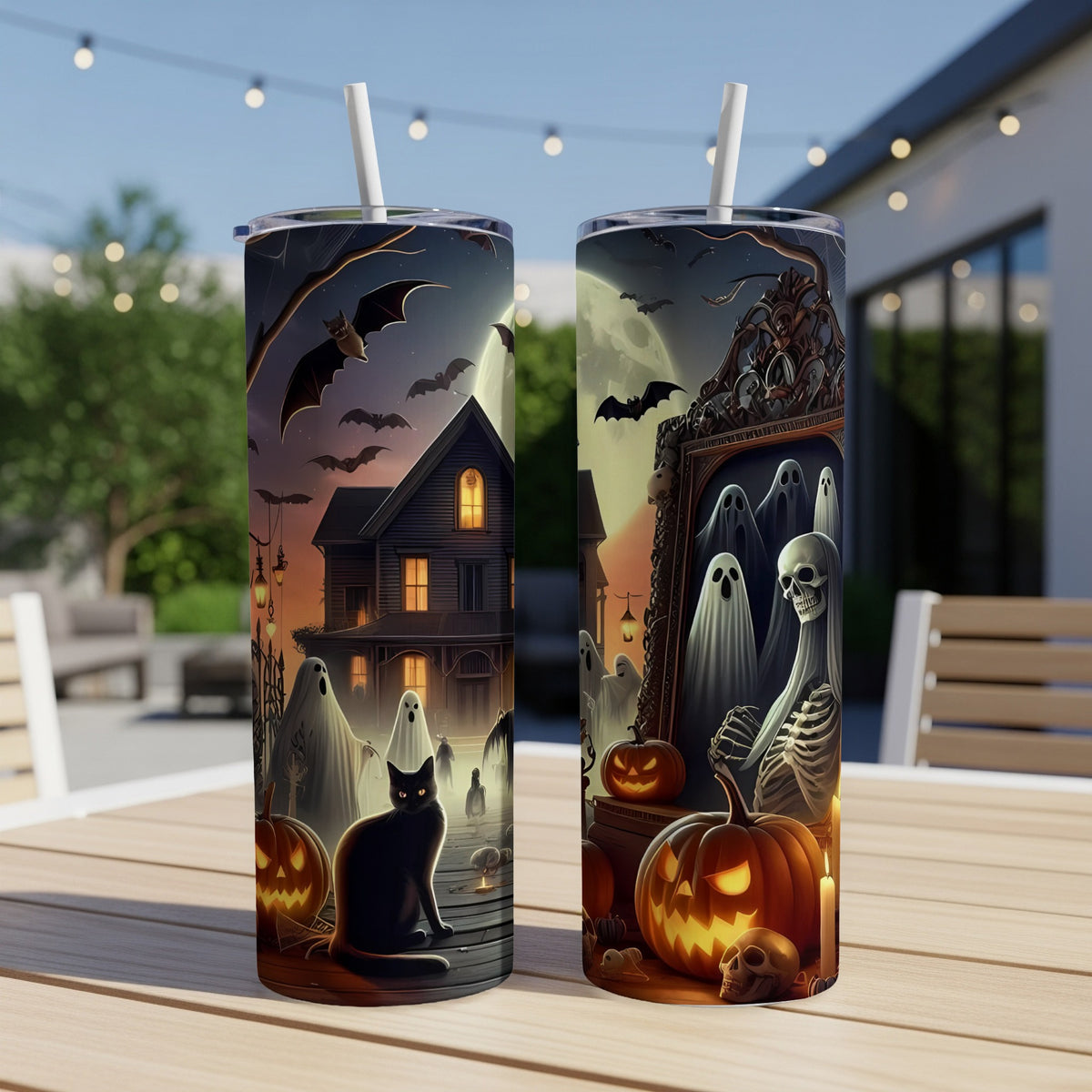 Halloween tumblers featuring a spooky house, black cat, ghosts, and jack-o'-lanterns.