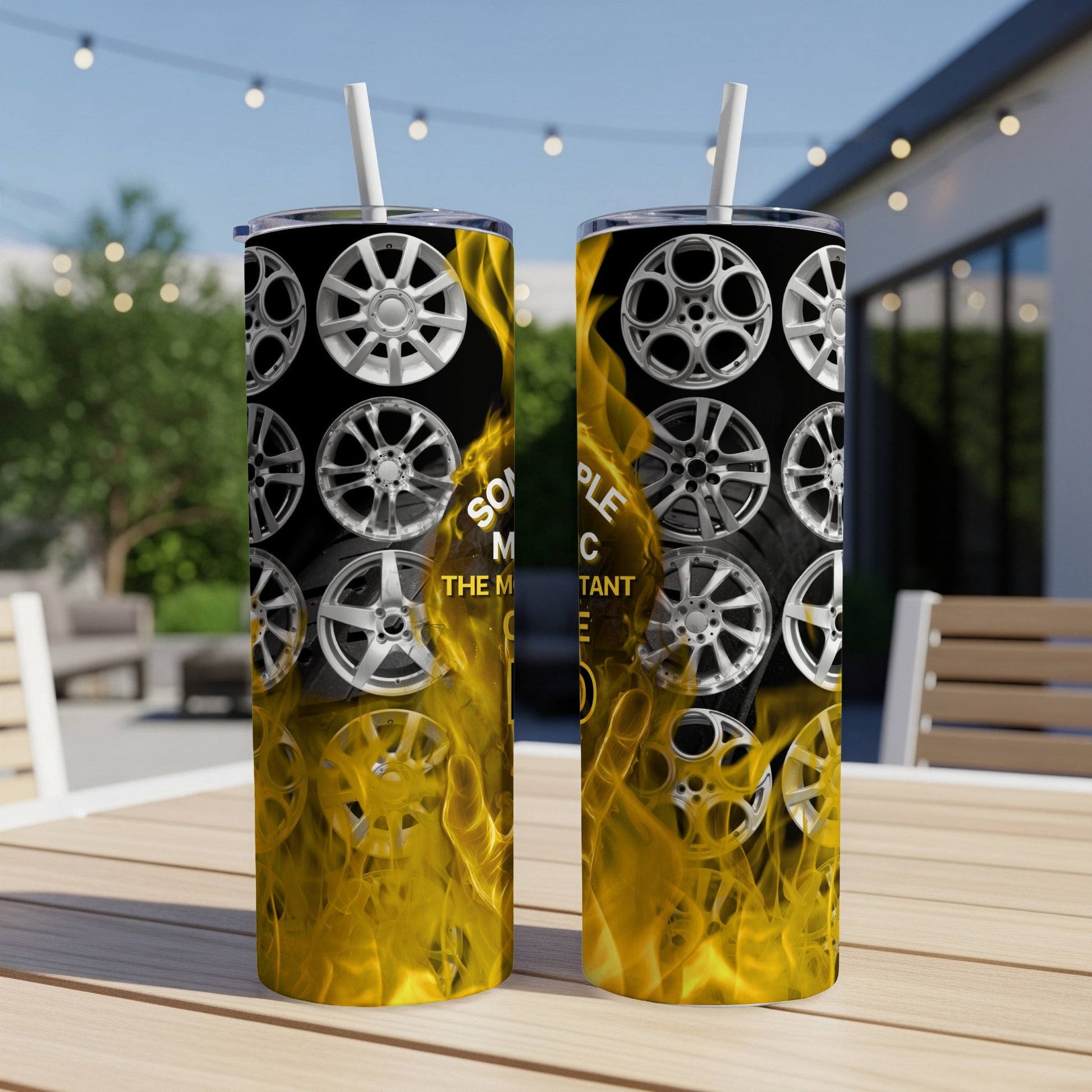 Tumbler featuring car wheels and flames with text "Some people make the most important thing".