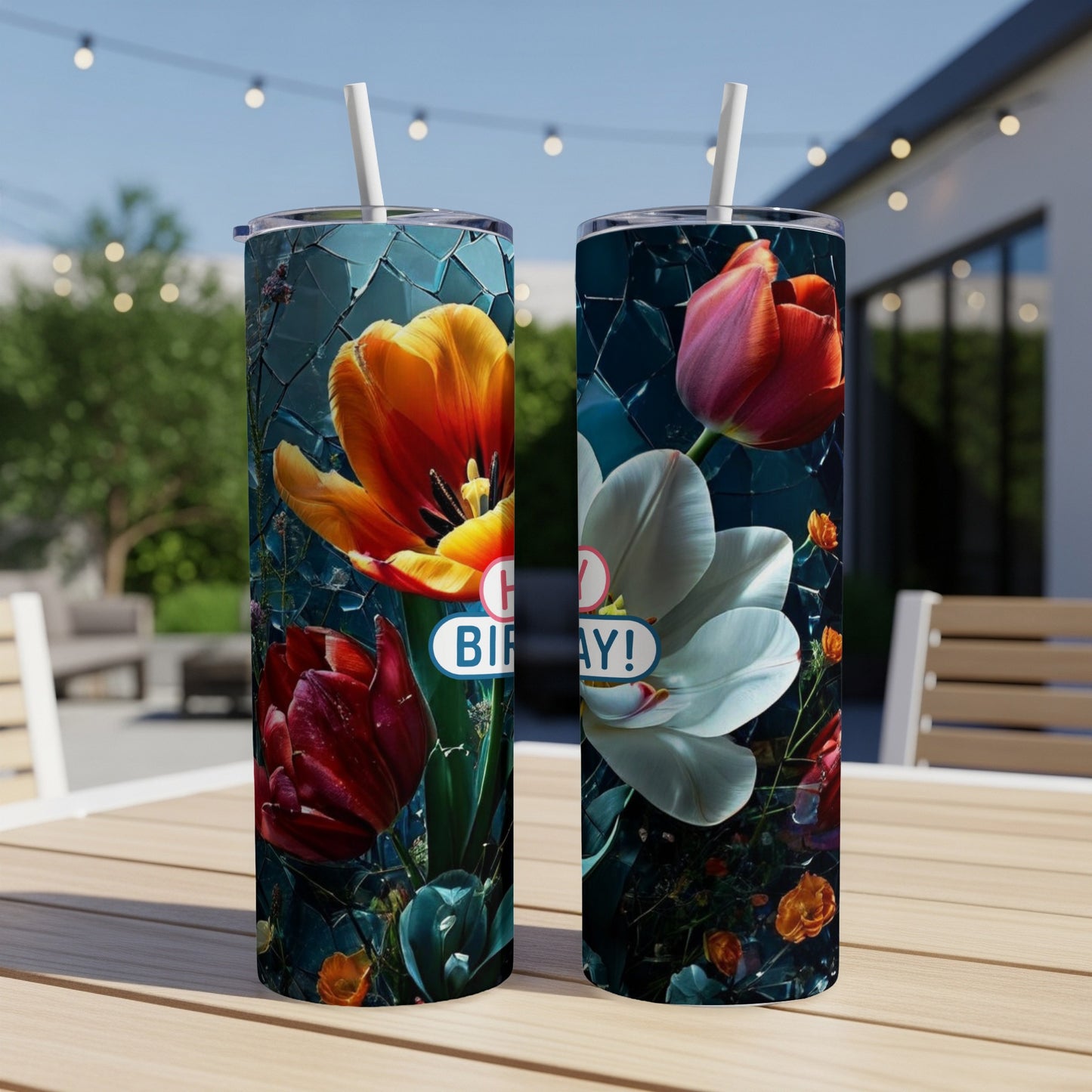 Tumblers featuring bold tulips and "Happy Birthday!" text.