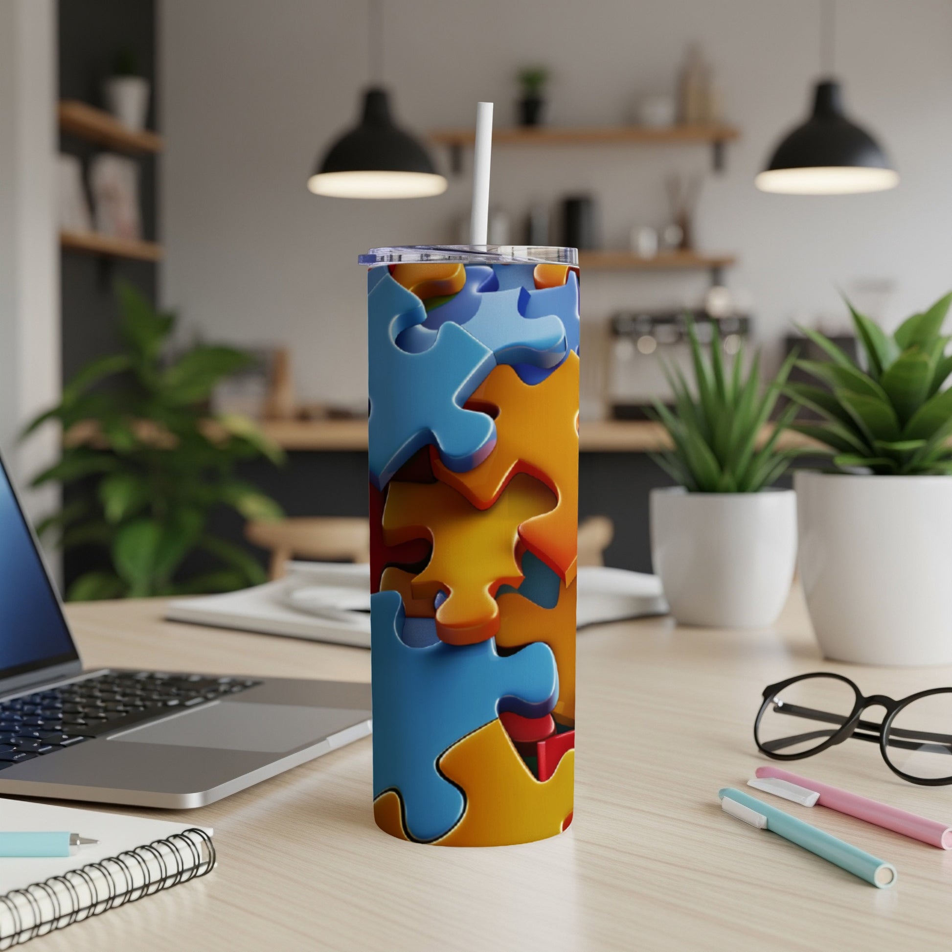 Colorful puzzle pieces pattern on a tall tumbler with a straw.