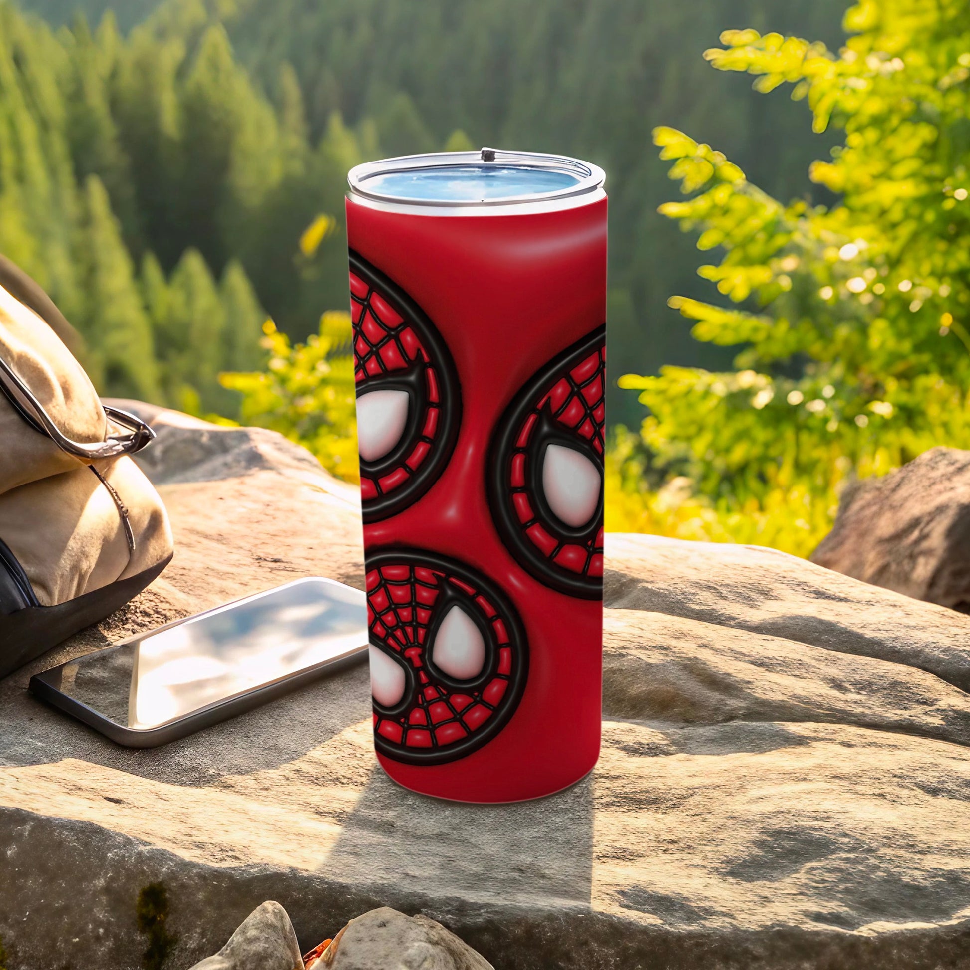 Vibrant Red Tumbler with Spider Graphics and Lid