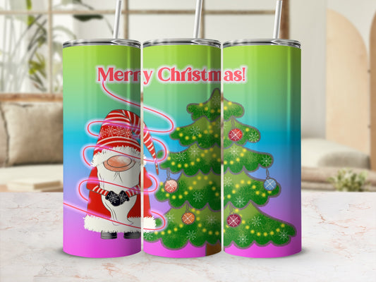Three tumblers with a gnome and Christmas tree design.