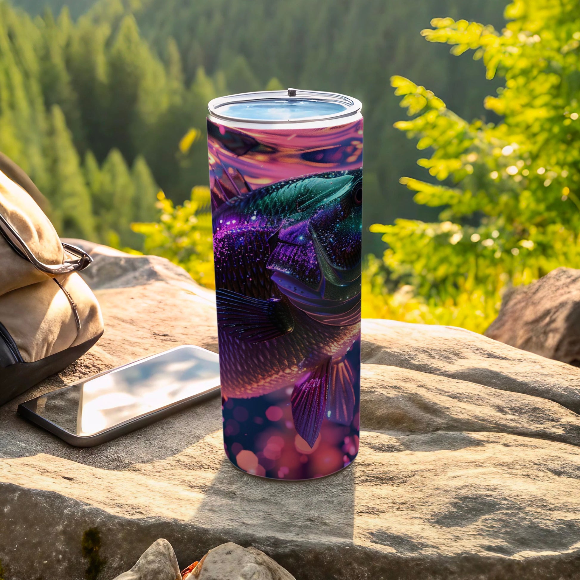 Tumbler with iridescent fish design on outdoor rocky surface near phone and bag.