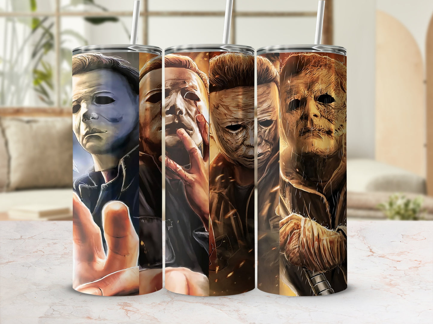Four distinct Michael Myers character portraits wrap around a tumbler with a straw.