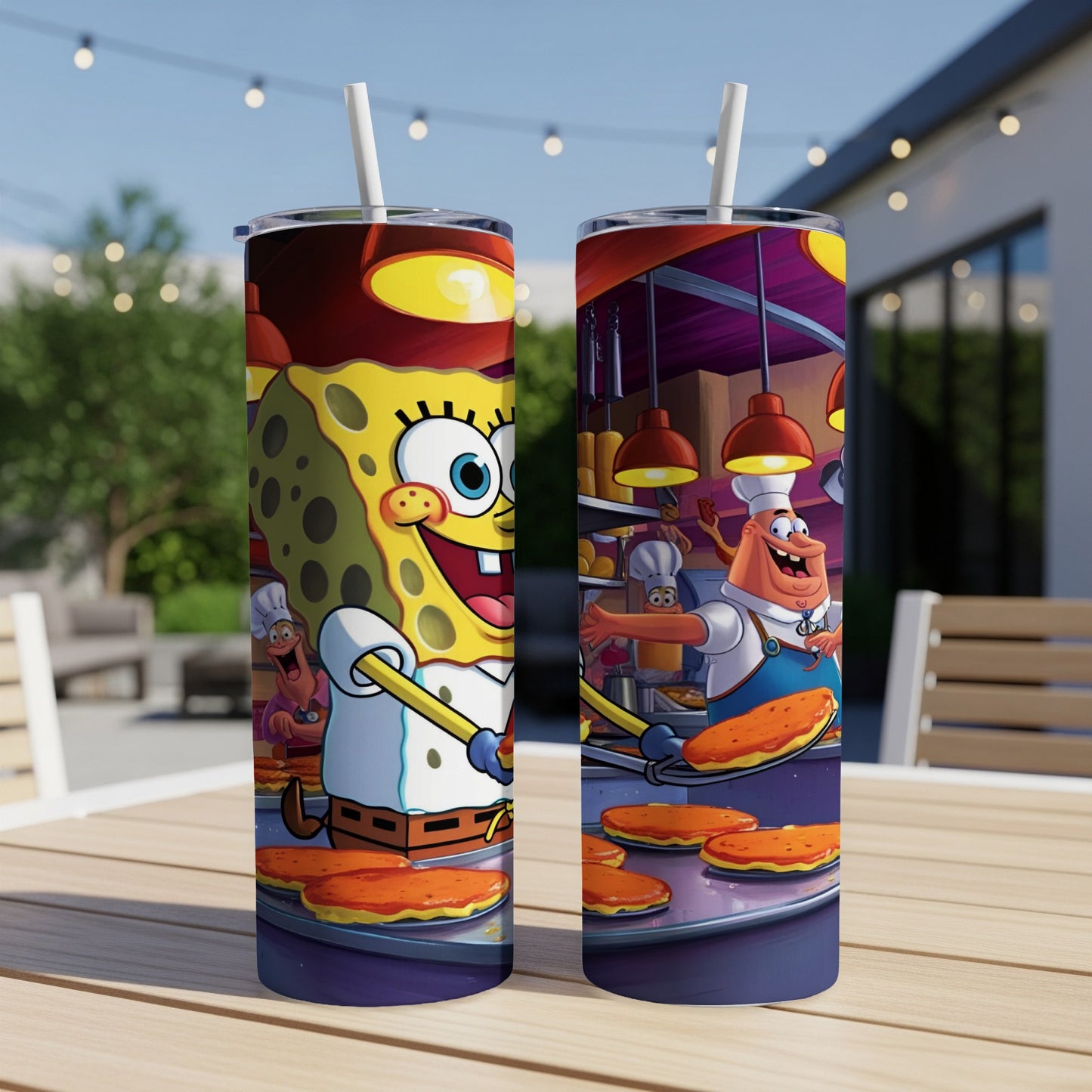 Spongebob Squarepants and chef Mr. Krabs flipping Krabby Patties on griddles.