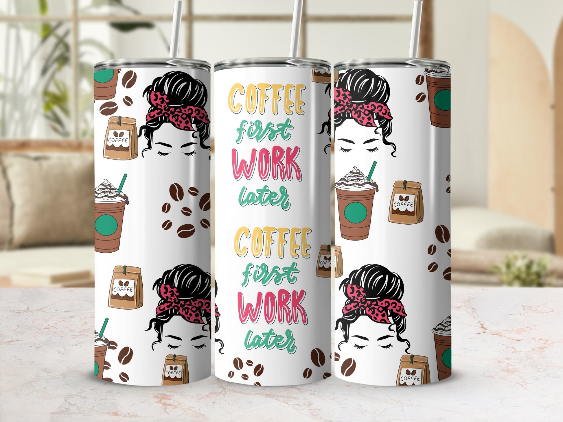 Coffee First Work Later Travel Tumbler Cup with Straw