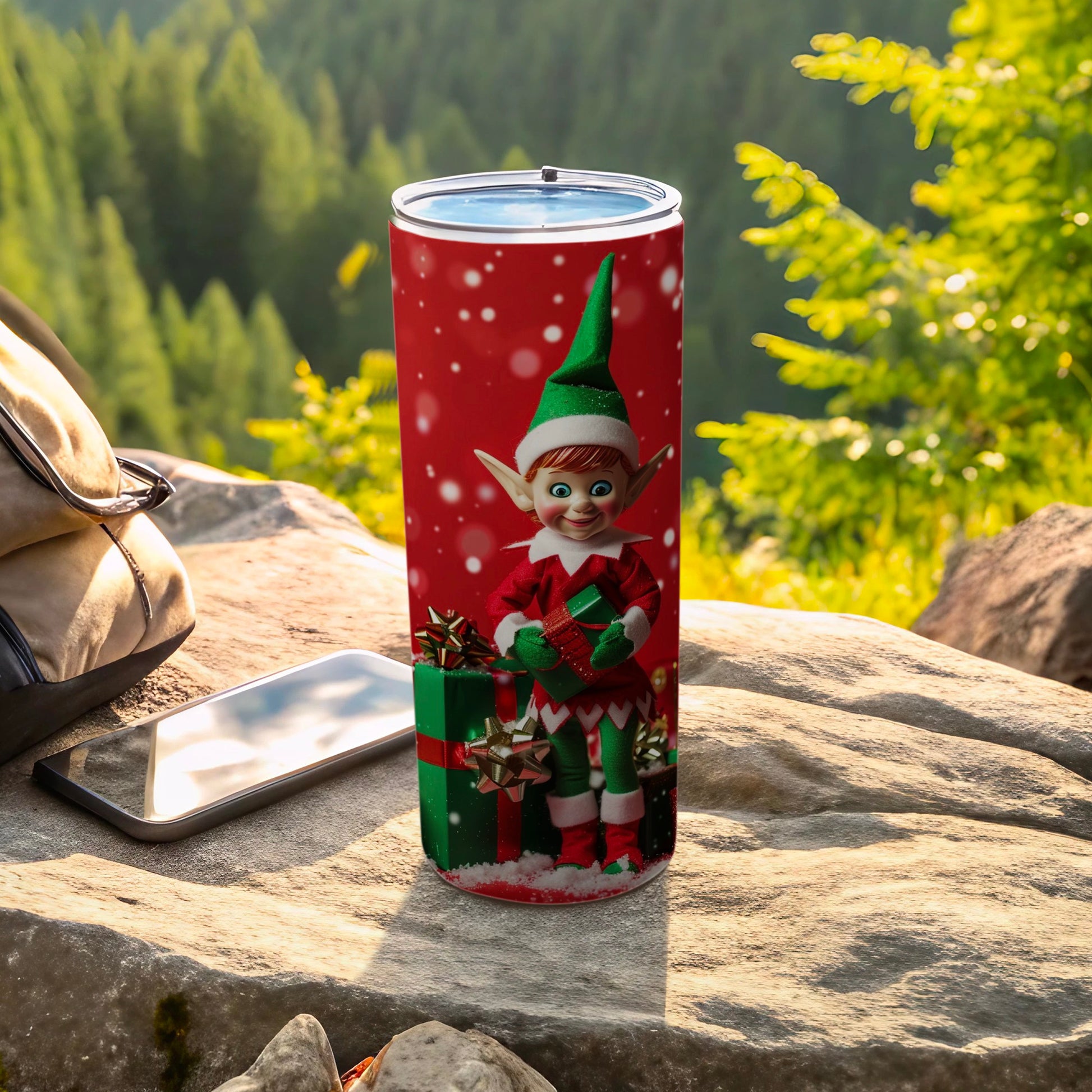 Festive Elf Holding Gift Red Tumbler for Holiday Cheer