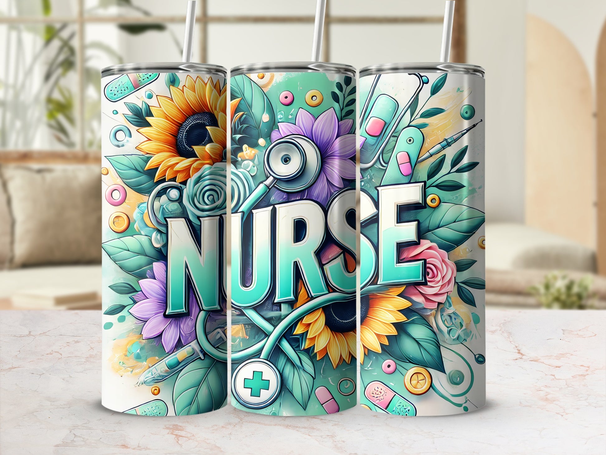 Floral nurse tumbler with stethoscope, sunflowers, and medical icons.