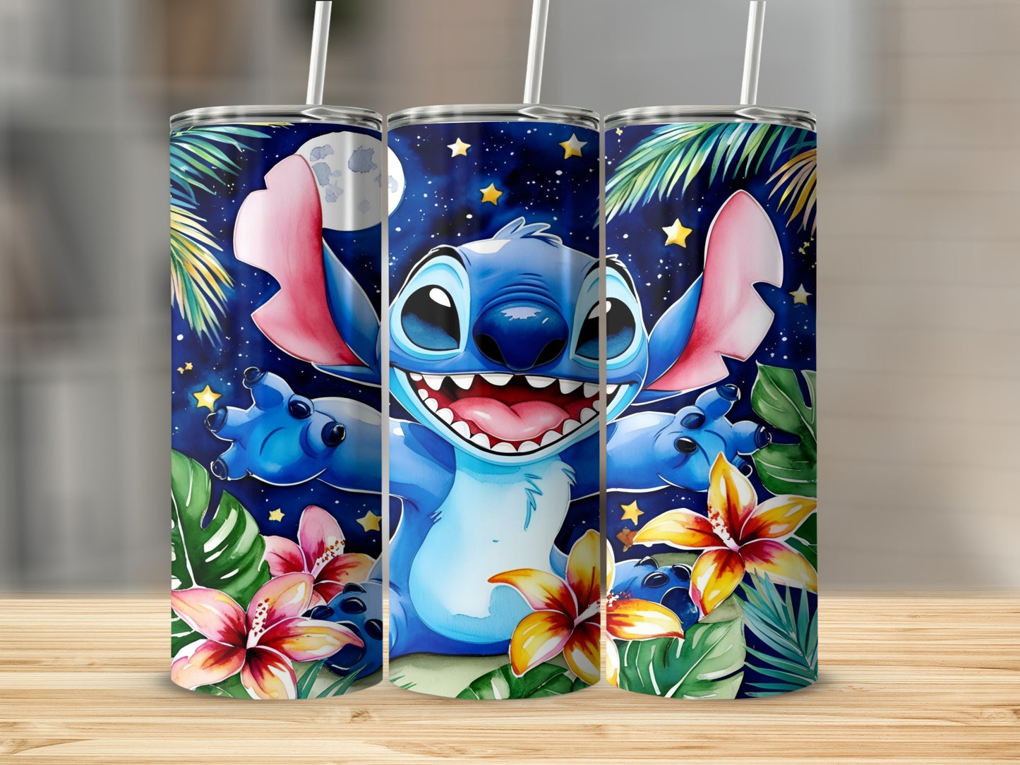 Stitch from Lilo & Stitch with tropical flowers and palm leaves.