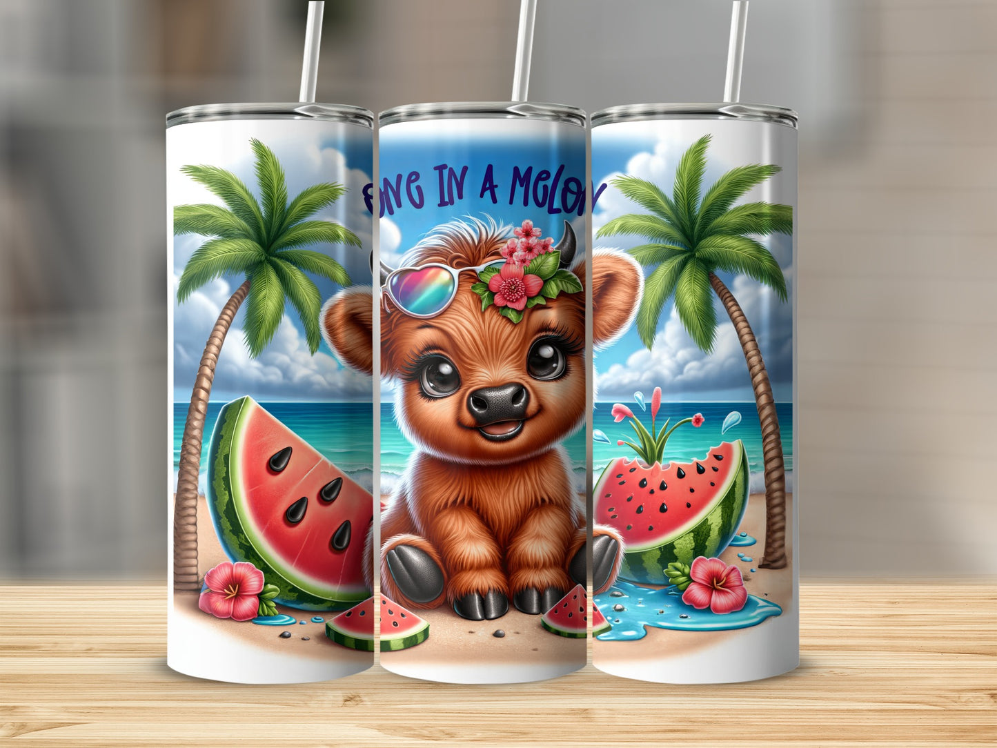Cute cartoon cow with sunglasses and watermelon on a beach.