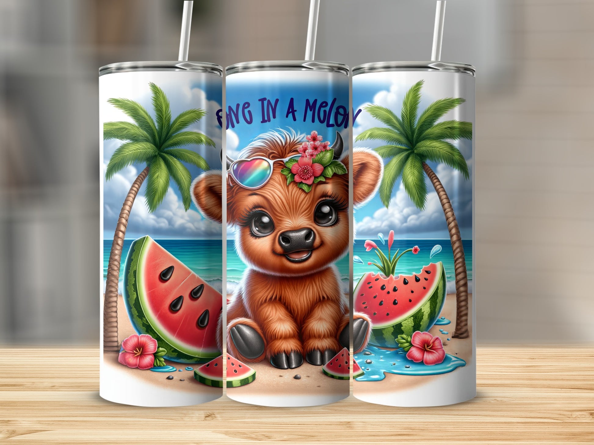 Cute cartoon cow with sunglasses and watermelon on a beach.
