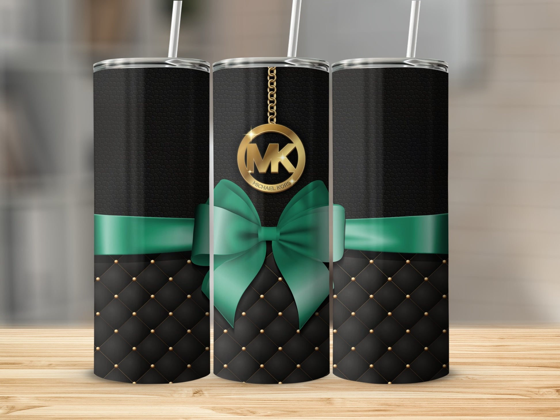 Stylish Black and Green Tumbler with Ribbon Design