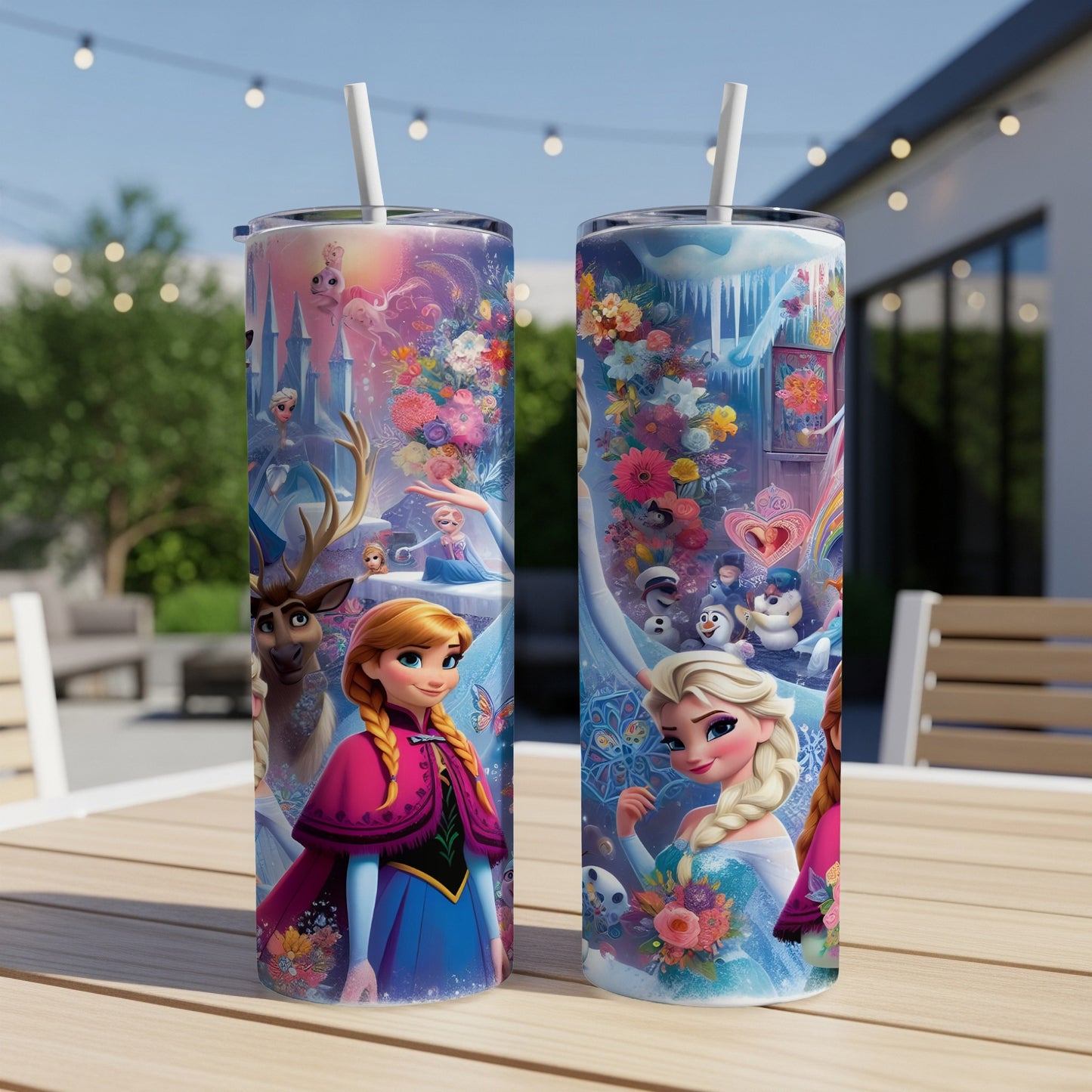 Two Frozen-themed tumblers with Elsa, Anna, and Olaf on a table.