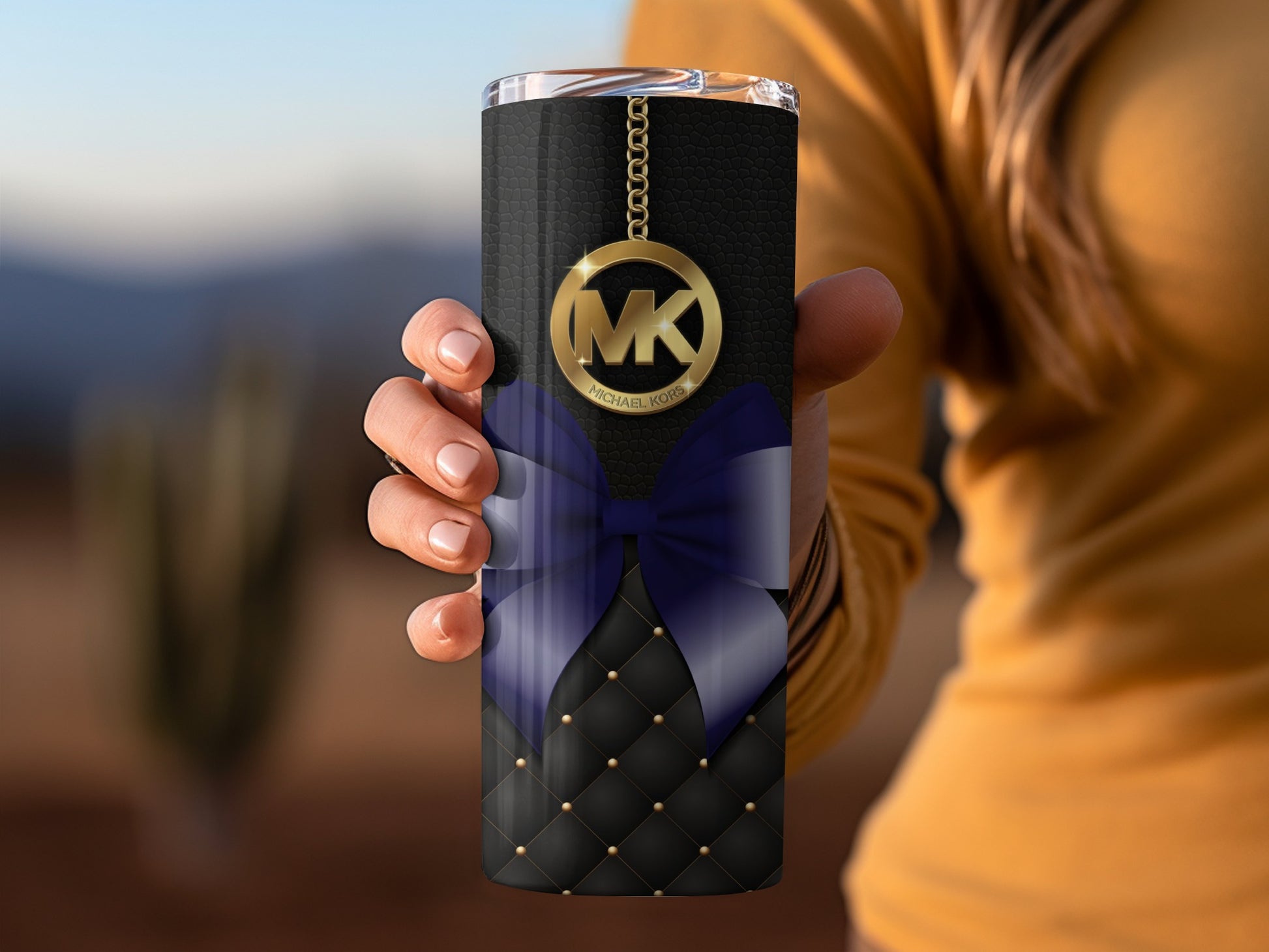 Black and Gold Tumbler with Blue Bow Design Tumbler