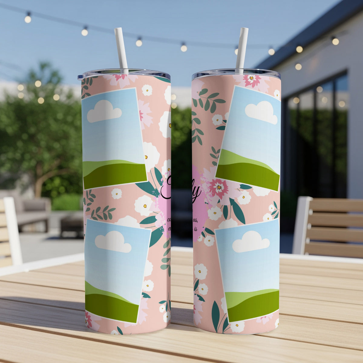 Two tumblers with floral pattern and photo collage designs on a wooden table.