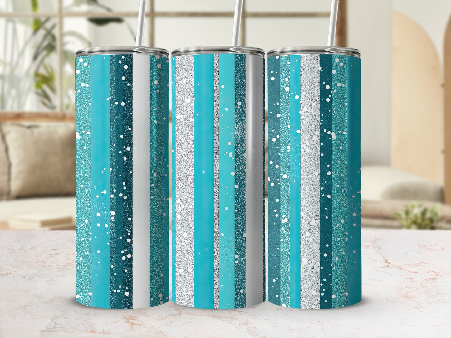 Teal Blue Silver Glitter Stripes Pattern Design Tumblers
