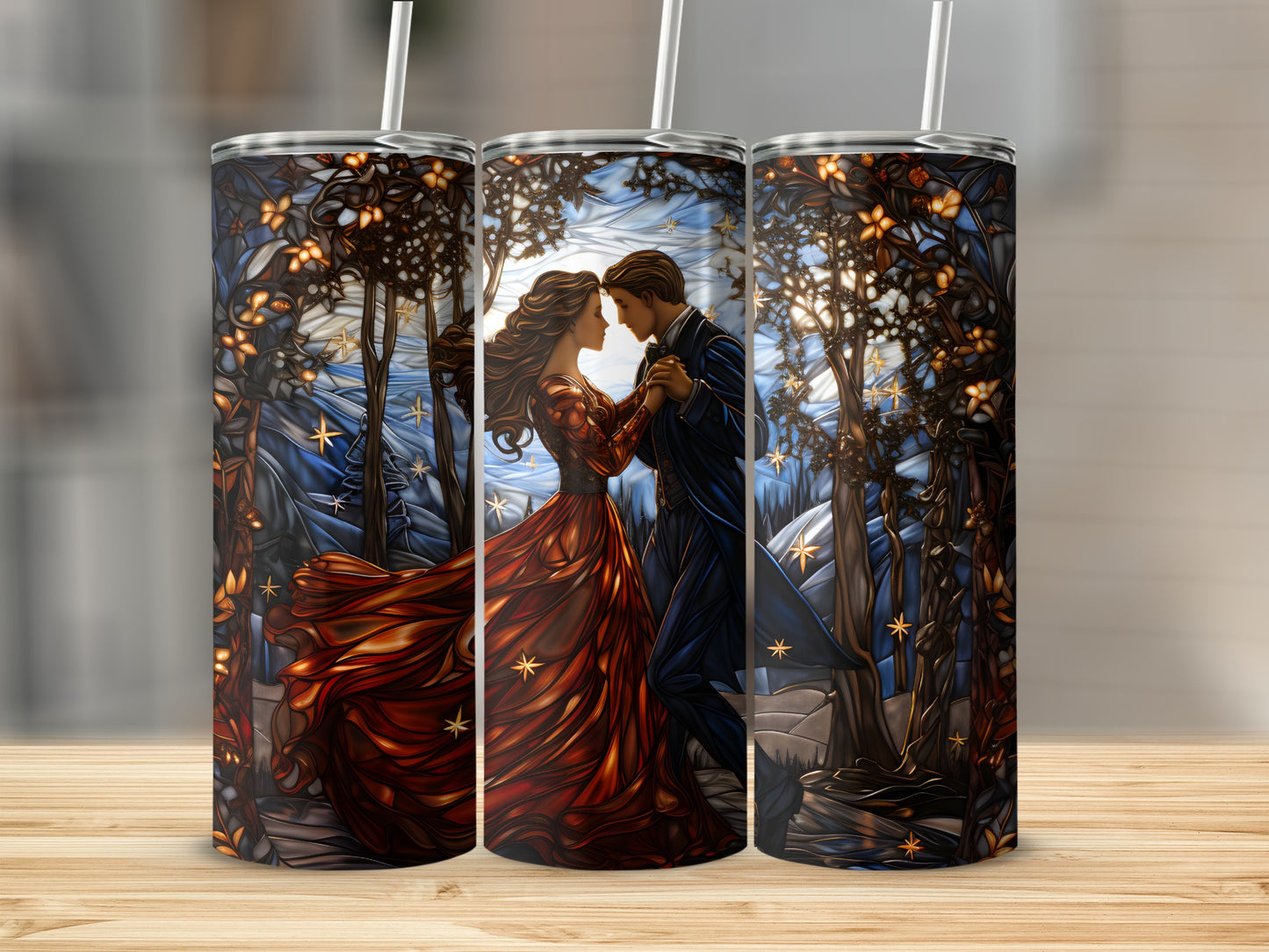 Couple dancing in stained glass forest scene on a tumbler.