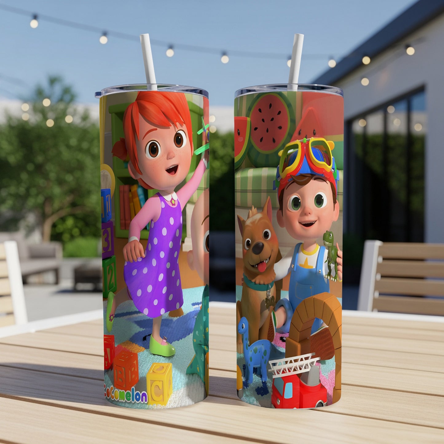Two Cocomelon character tumblers featuring JJ, Cody, watermelon, and dinosaur.