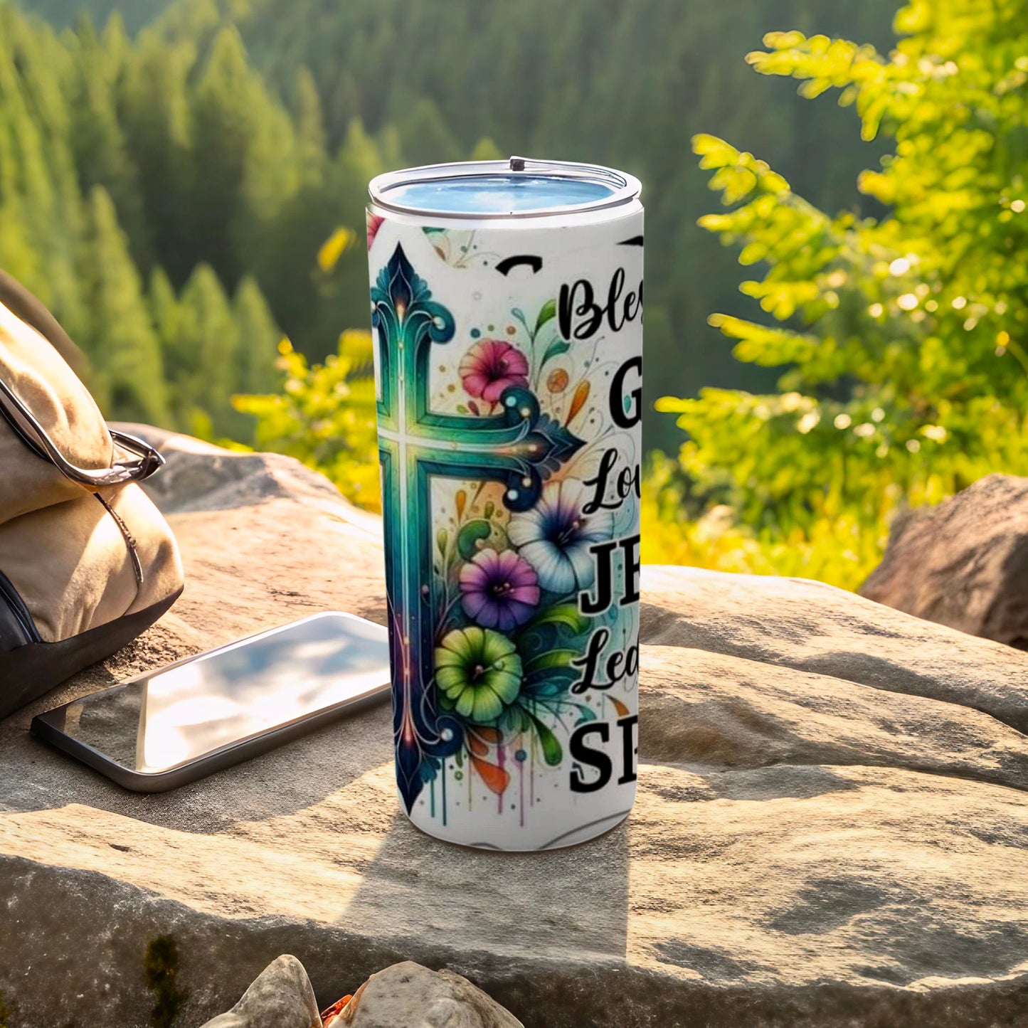 Blessed Graphic Floral Cross and Text Design Tumbler