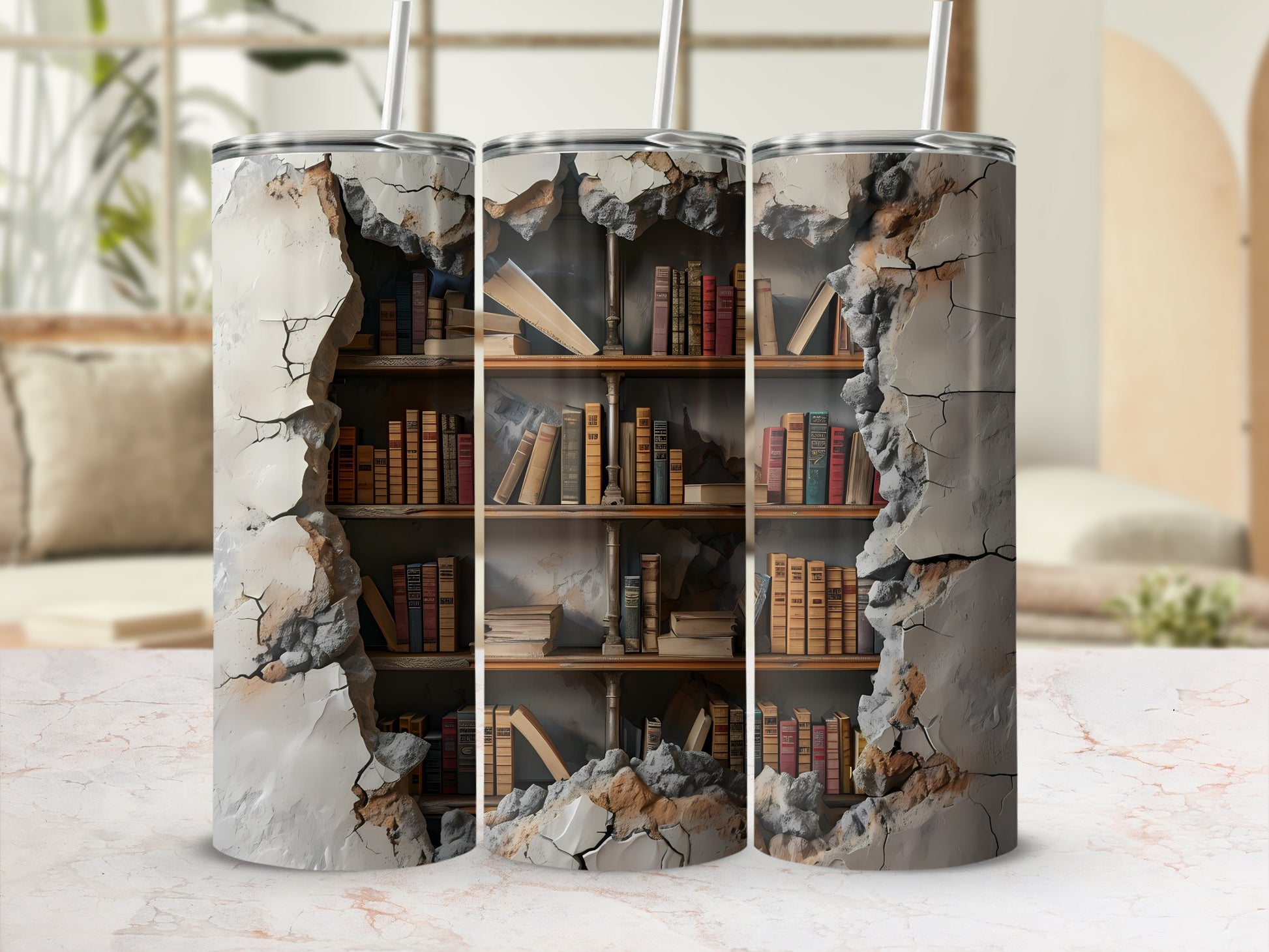 Three tumblers featuring a cracked wall revealing a bookshelf filled with antique books.