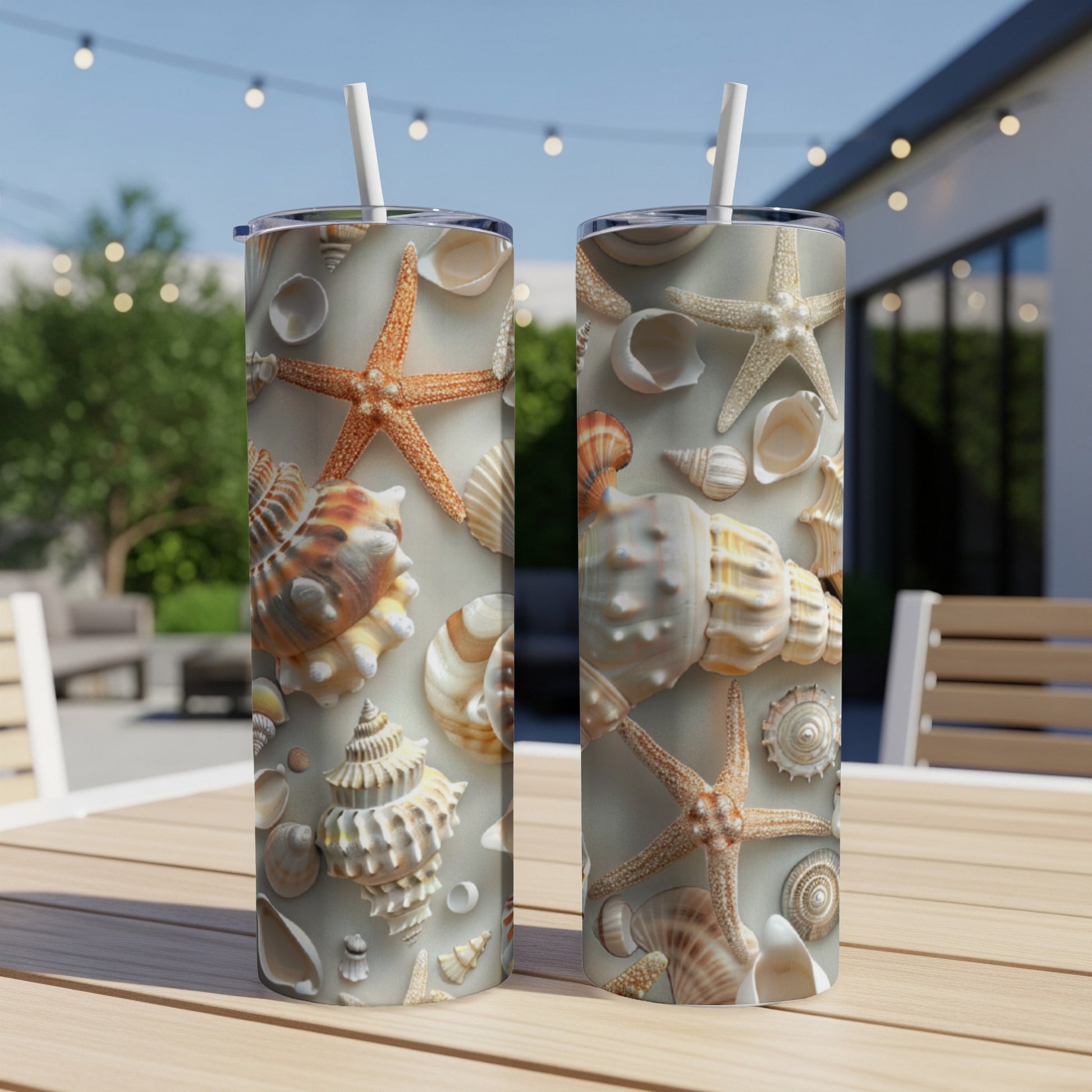 Two tumblers with a close-up seashell and starfish pattern.