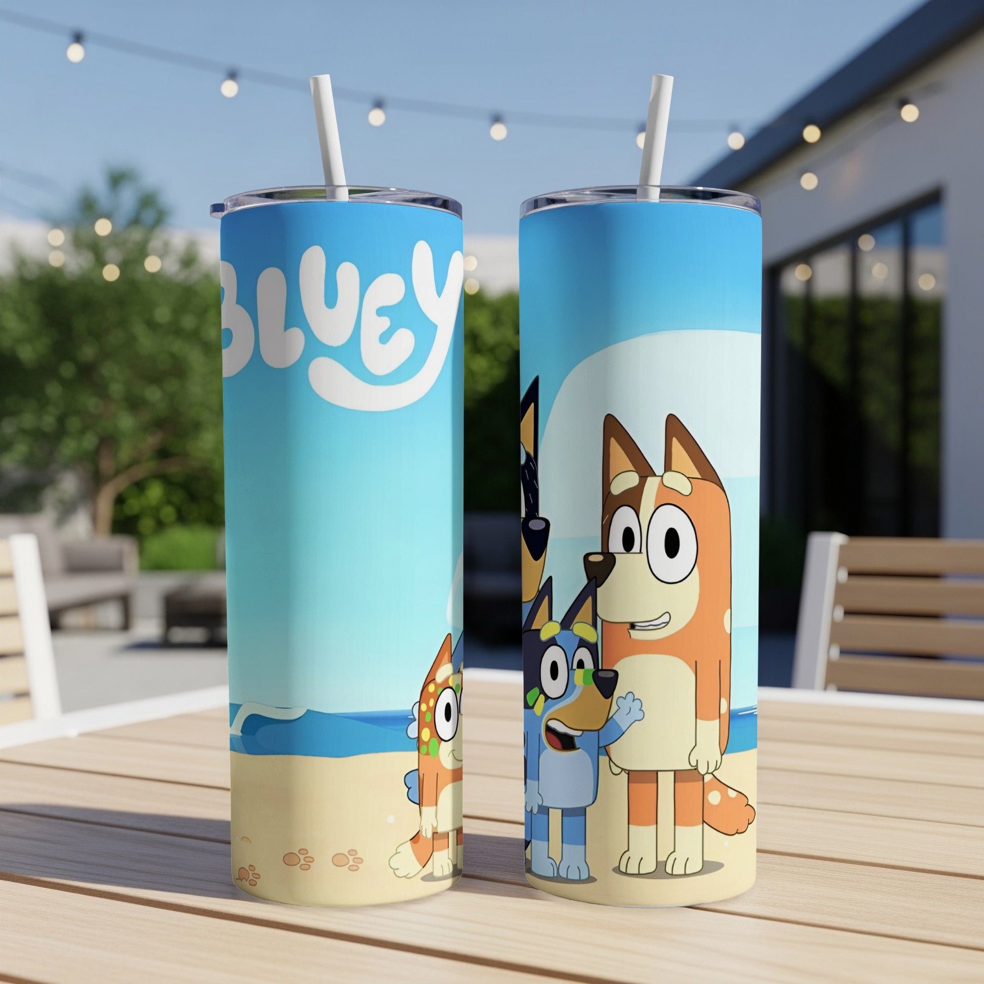 Two Bluey character tumblers with beach background and "BLUEY" logo.