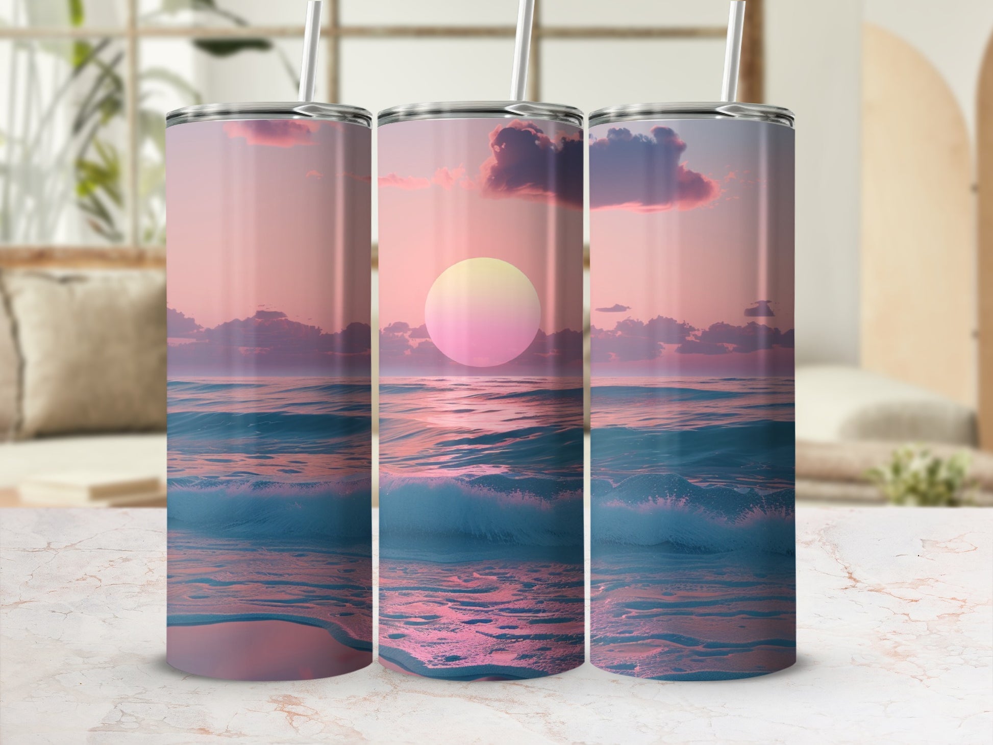 Ocean sunset waves reflected on a travel tumbler with straw.