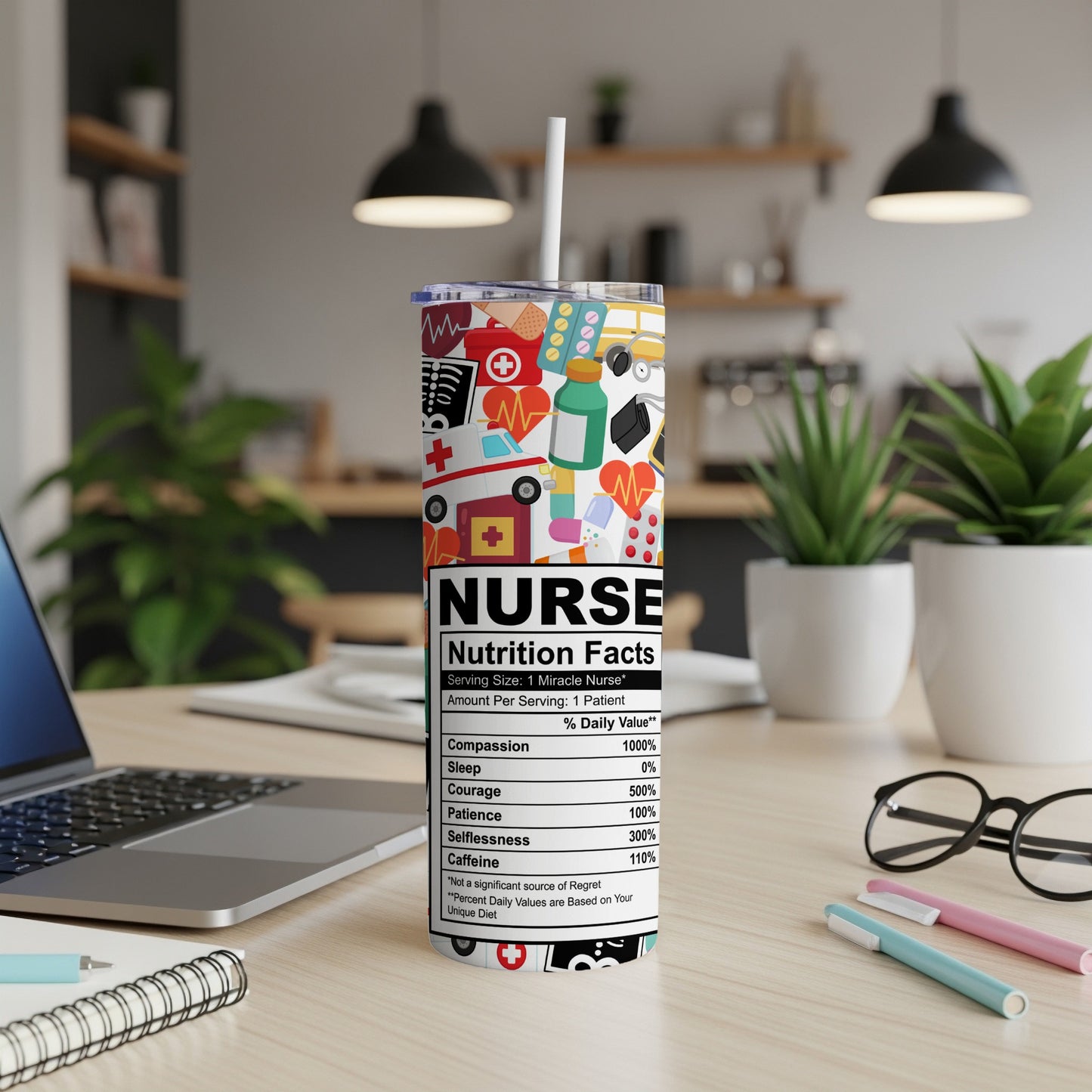 Nurse Nutrition Facts tumbler with colorful medical icons and ingredients list.