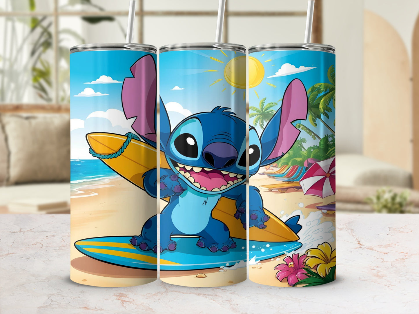 Stitch from Lilo & Stitch surfing on a yellow surfboard at a beach.