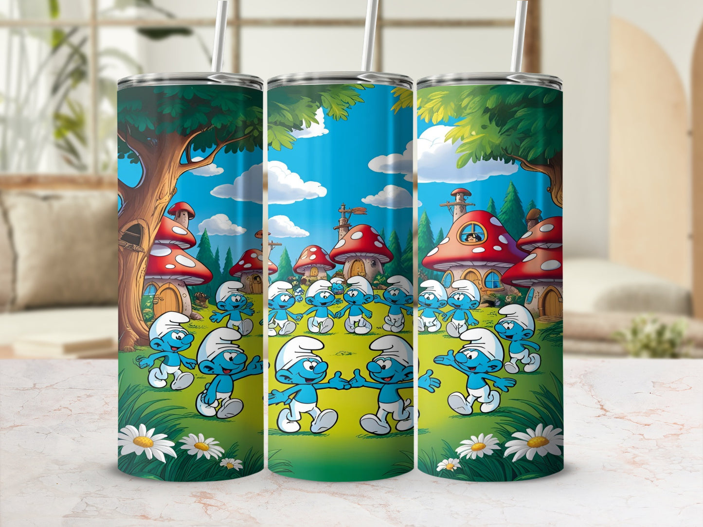Smurfs gathered in a village with mushroom houses and daisies under a blue sky.