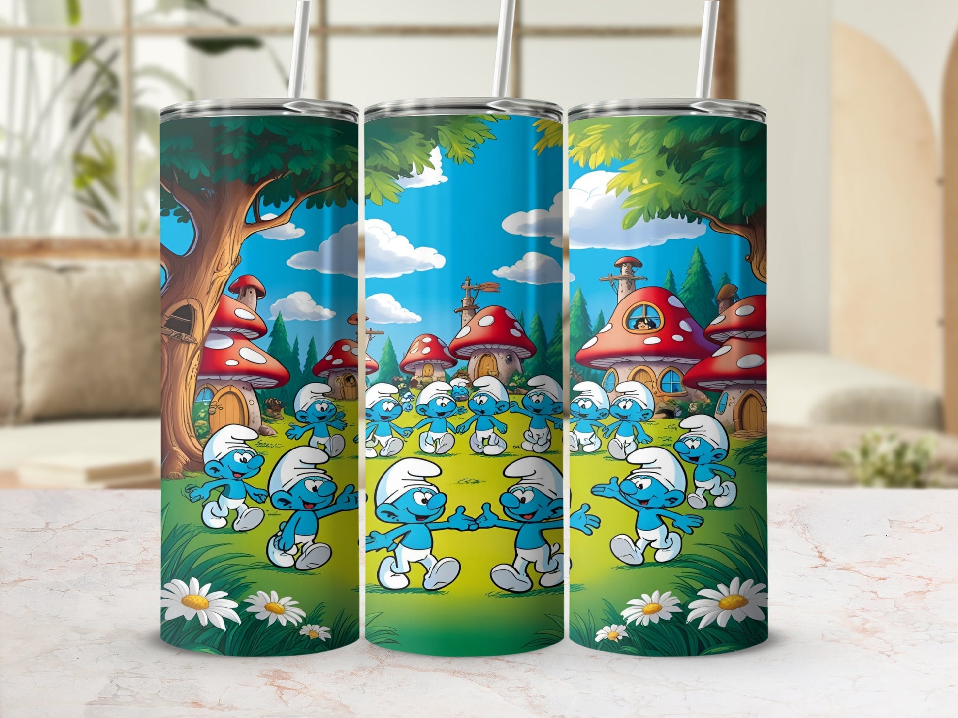 Smurfs gathered in a village with mushroom houses and daisies under a blue sky.