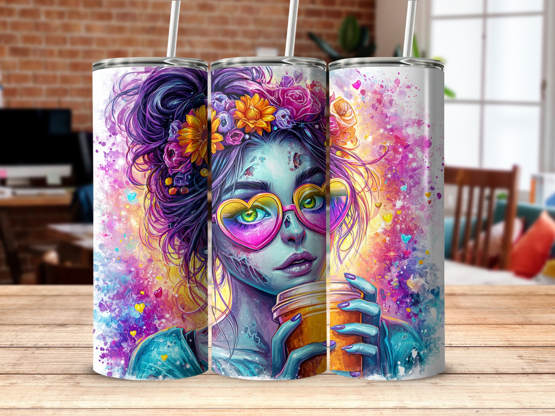 Colorful Zombie with Hearts and Flowers Tumbler