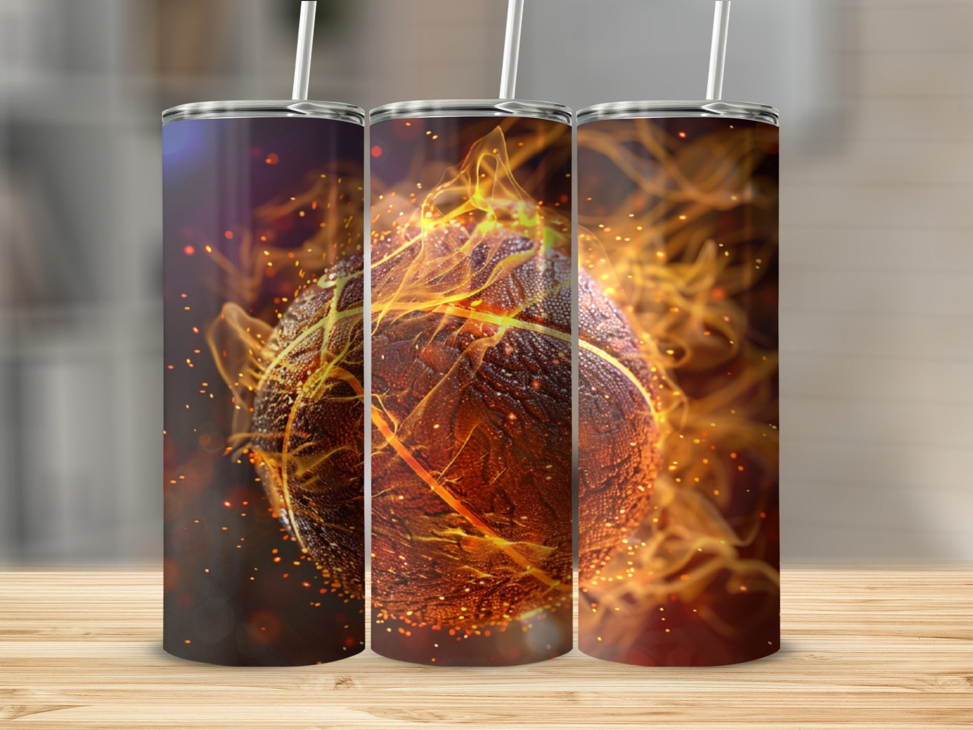 Basketball on fire, rendered as a 3D illustration.