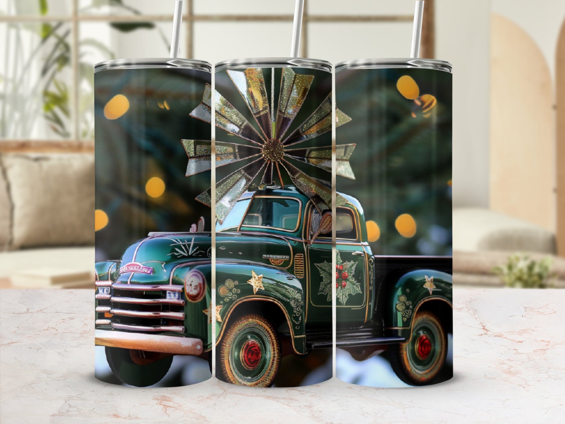 Green vintage truck with holiday design and windmill decoration.